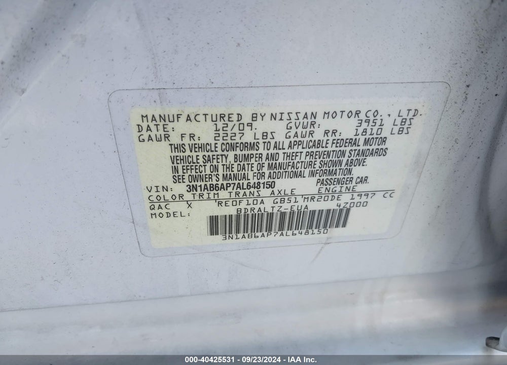 2010 NISSAN SENTRA 2.0S VIN: 3N1AB6AP7AL648150