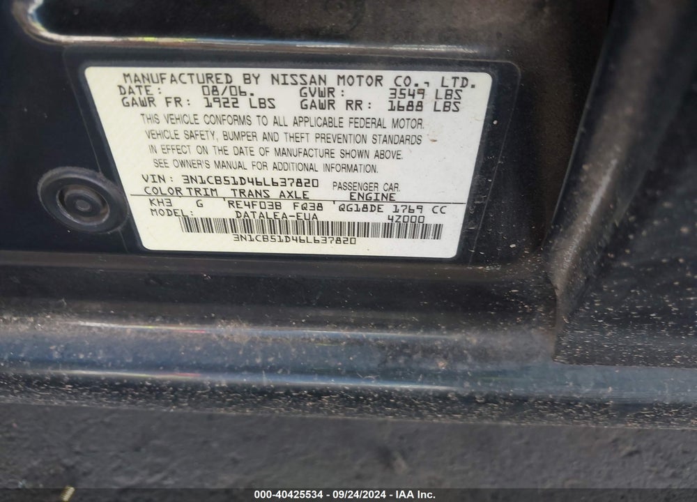 2006 NISSAN SENTRA 1.8S VIN: 3N1CB51D46L637820