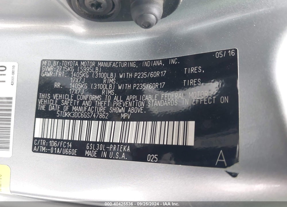 2016 TOYOTA SIENNA LE 8 PASSENGER VIN: 5TDKK3DC6GS747862