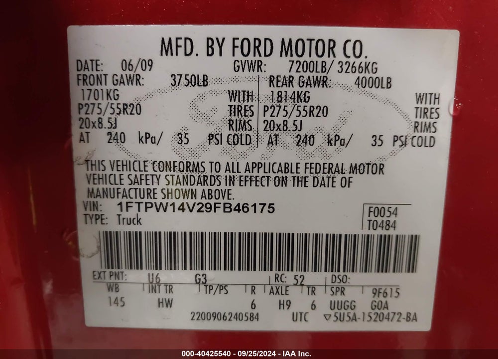 2009 FORD F-150 FX4/KING RANCH/LARIAT/PLATINUM/XL/XLT VIN: 1FTPW14V29FB46175