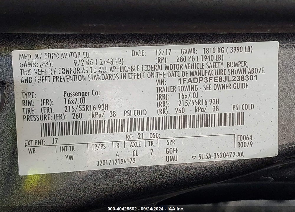 2018 FORD FOCUS SE VIN: 1FADP3FE8JL238301