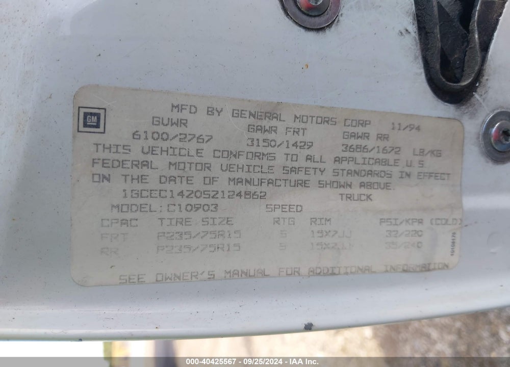 1995 CHEVROLET GMT-400 C1500 VIN: 1GCEC14Z0SZ124862