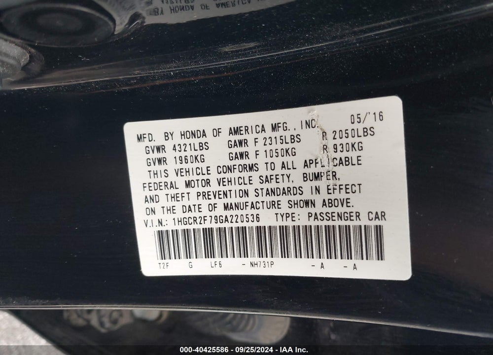 2016 HONDA ACCORD VIN: 1HGCR2F79GA220536