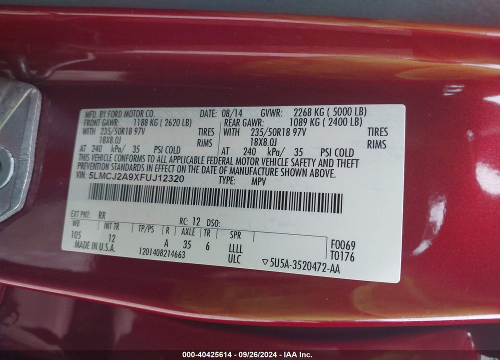 2015 LINCOLN MKC VIN: 5LMCJ2A9XFUJ12320