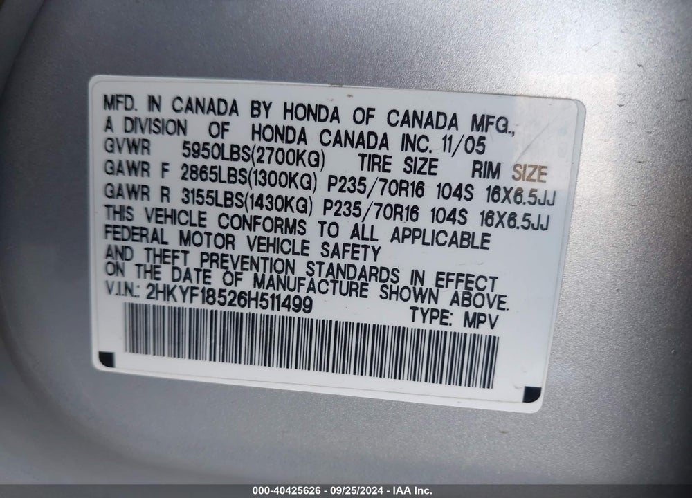 2006 HONDA PILOT EX-L VIN: 2HKYF18526H511499