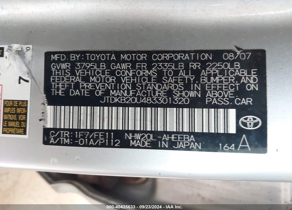 2008 TOYOTA PRIUS VIN: JTDKB20U483301320