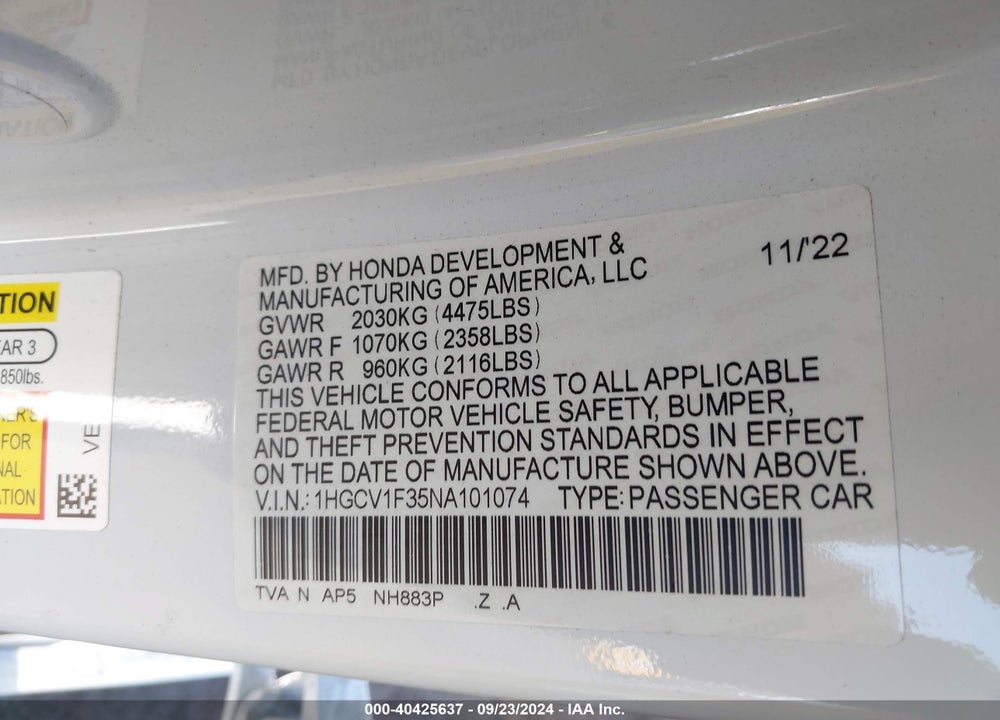 2022 HONDA ACCORD SPORT VIN: 1HGCV1F35NA101074