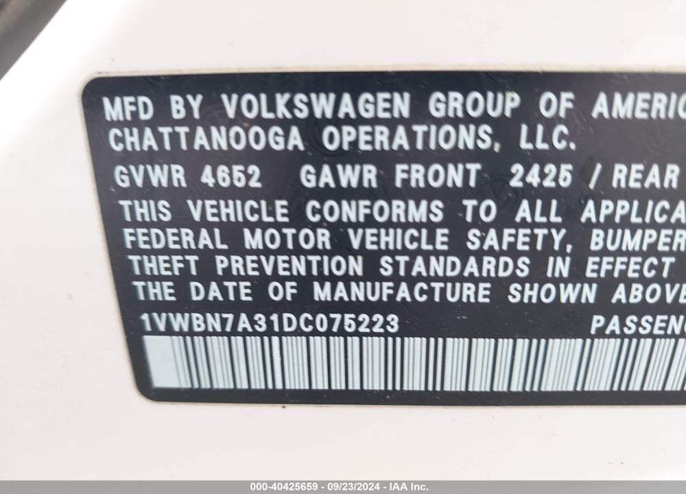 2013 VOLKSWAGEN PASSAT 2.0L TDI SE VIN: 1VWBN7A31DC075223