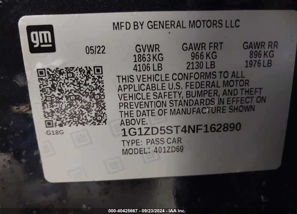 2022 CHEVROLET MALIBU FWD LT VIN: 1G1ZD5ST4NF162890