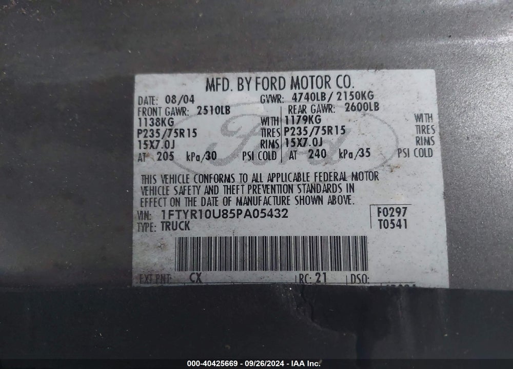 2005 FORD RANGER EDGE/STX/XL/XLS/XLT VIN: 1FTYR10U85PA05432