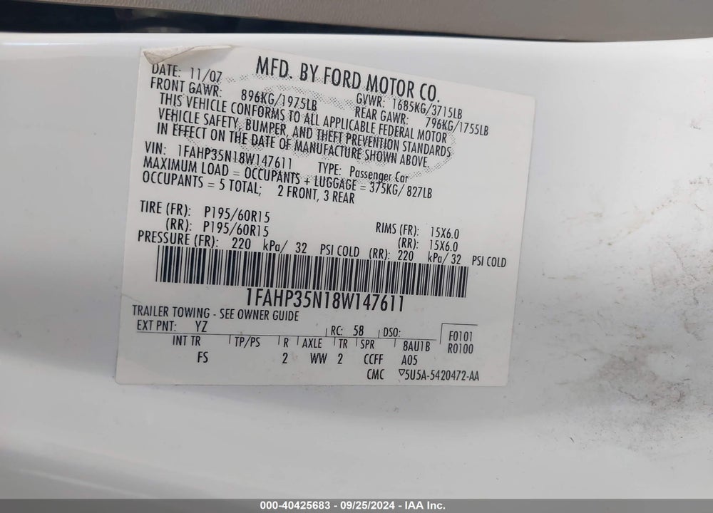 2008 FORD FOCUS SE/SES VIN: 1FAHP35N18W147611