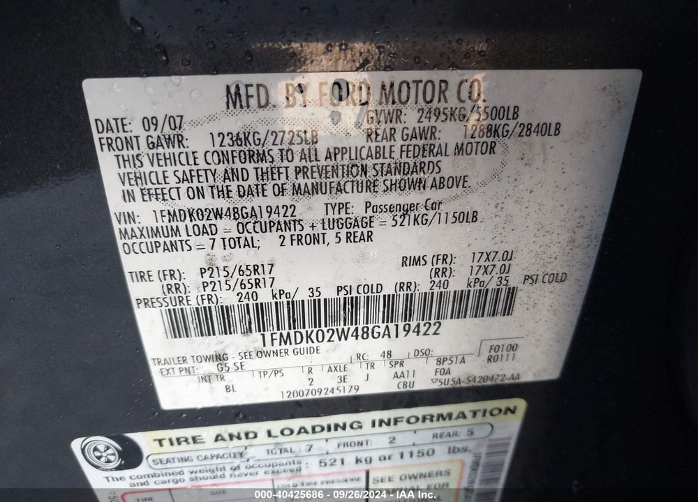 2008 FORD TAURUS X SEL VIN: 1FMDK02W48GA19422
