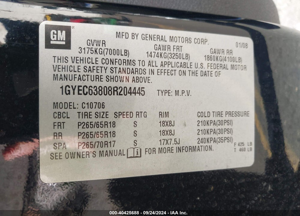 2008 CADILLAC ESCALADE STANDARD VIN: 1GYEC63808R204445