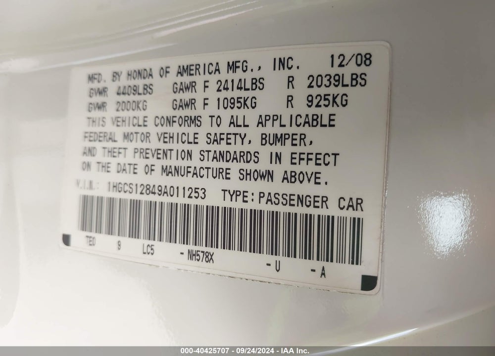 2009 HONDA ACCORD 2.4 EX-L VIN: 1HGCS12849A011253