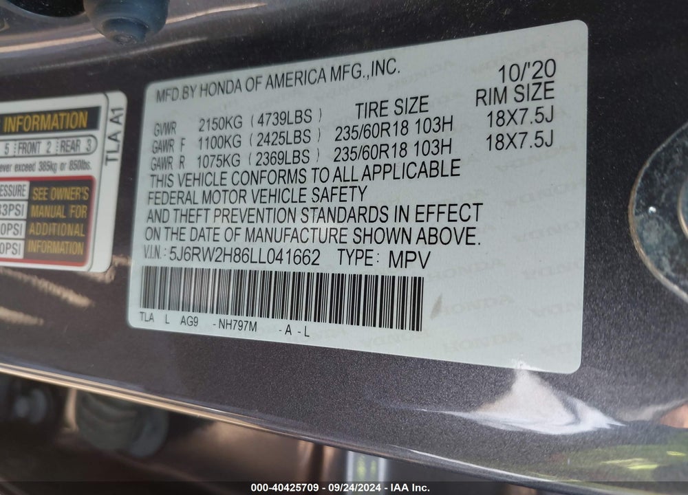 2020 HONDA CR-V AWD EX-L VIN: 5J6RW2H86LL041662