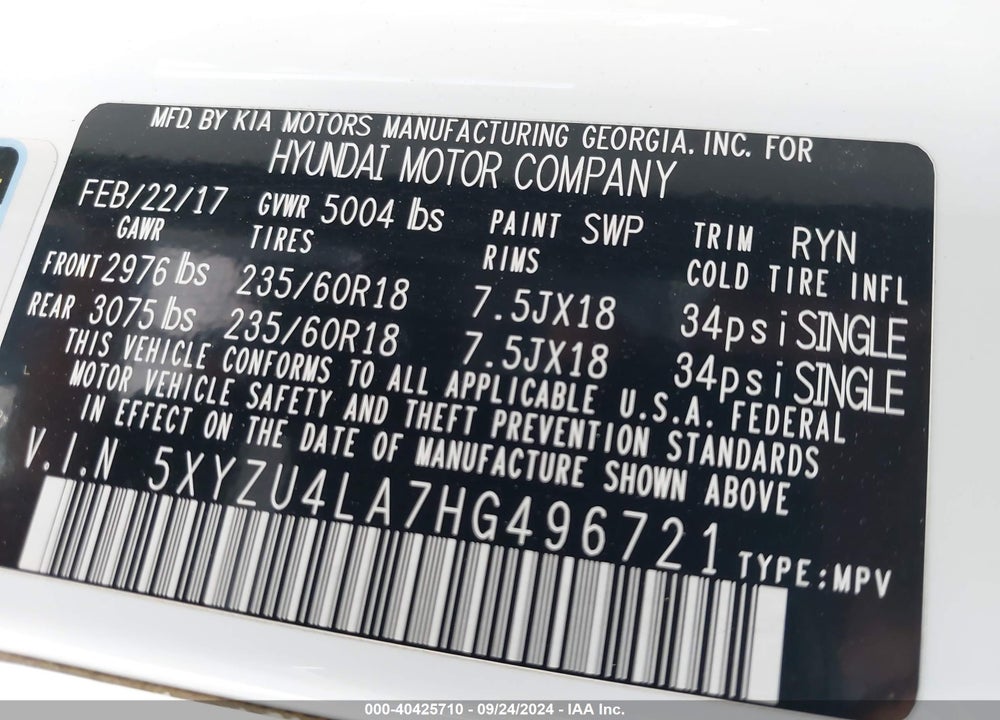 2017 HYUNDAI SANTA FE SPORT 2.0T VIN: 5XYZU4LA7HG496721