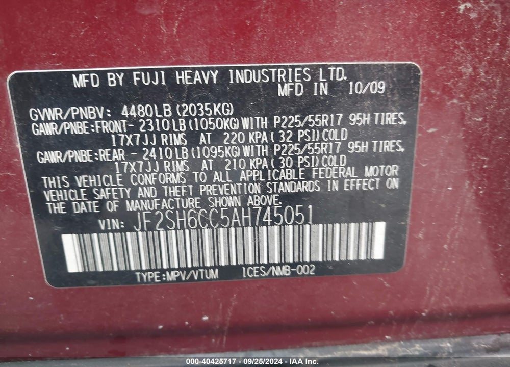 2010 SUBARU FORESTER 2.5X PREMIUM VIN: JF2SH6CC5AH745051