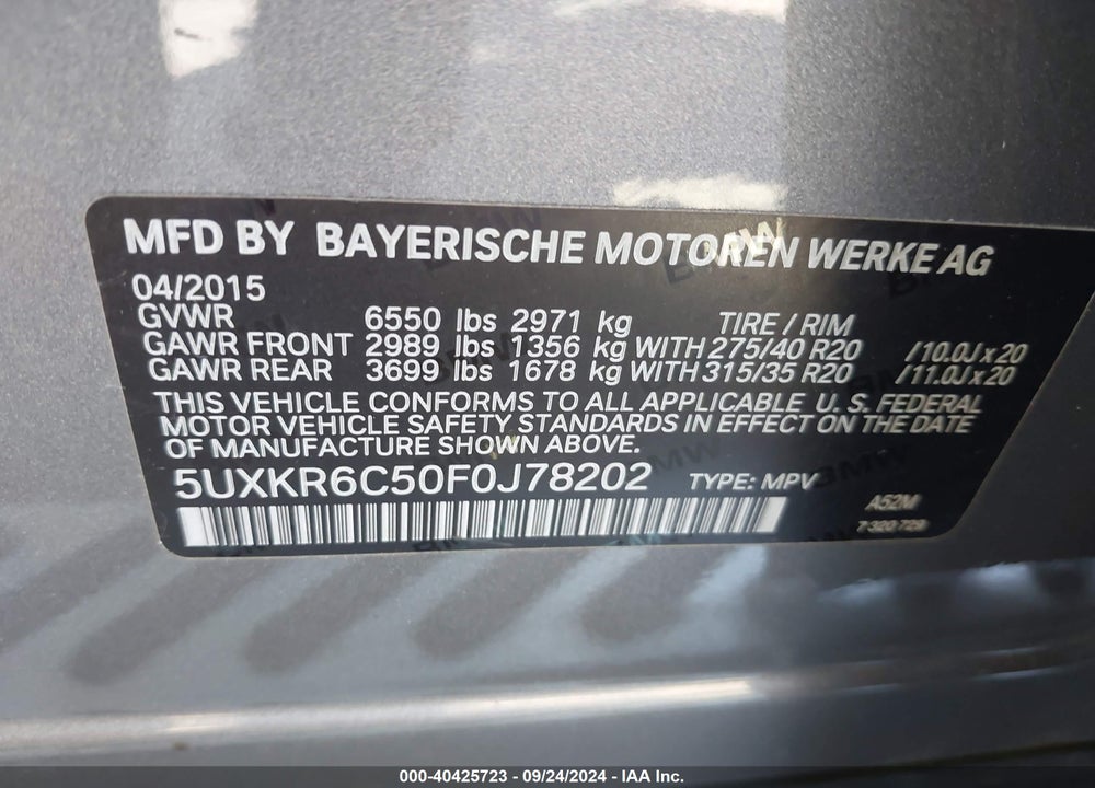 2015 BMW X5 XDRIVE50I VIN: 5UXKR6C50F0J78202
