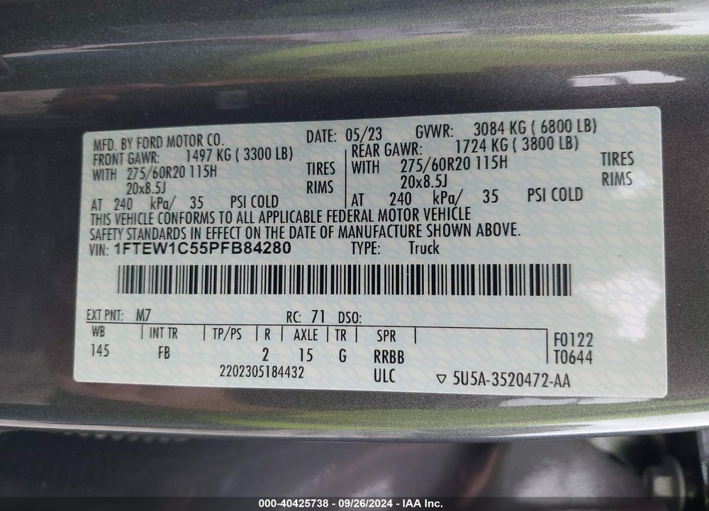 2023 FORD F-150 XLT VIN: 1FTEW1C55PFB84280