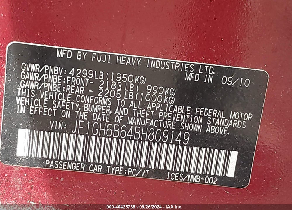 2011 SUBARU IMPREZA 2.5I PREMIUM VIN: JF1GH6B64BH809149