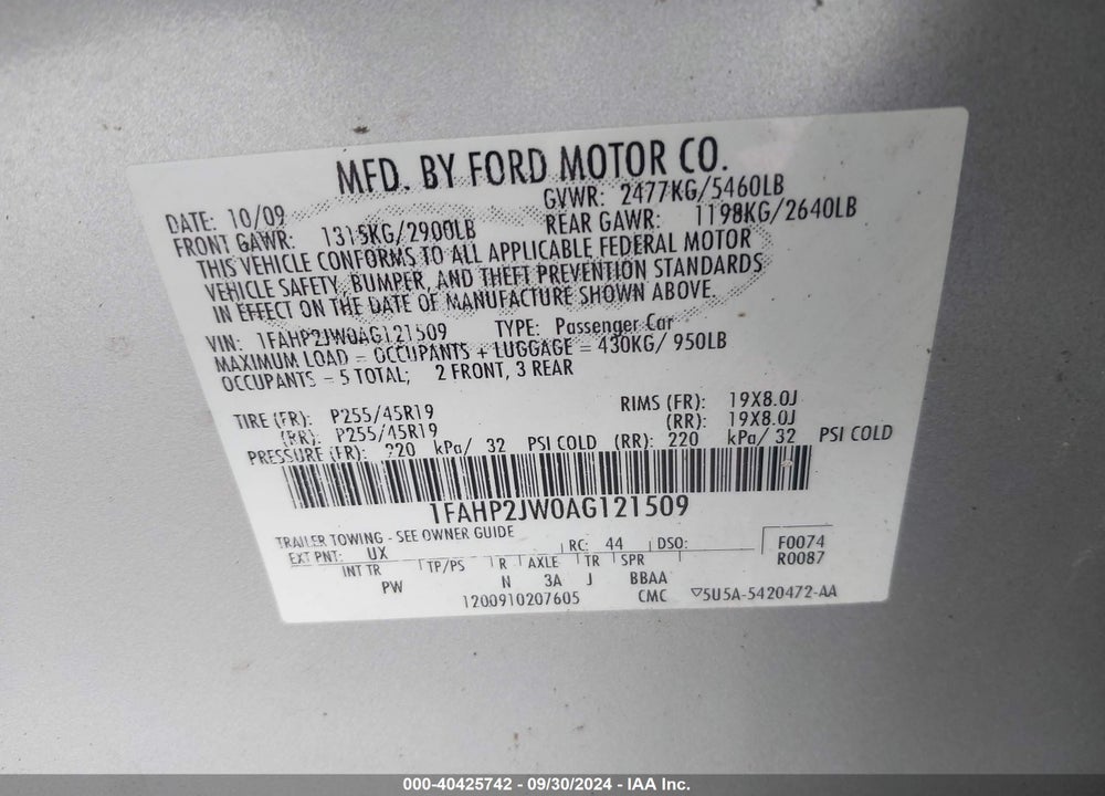 2010 FORD TAURUS LIMITED VIN: 1FAHP2JW0AG121509