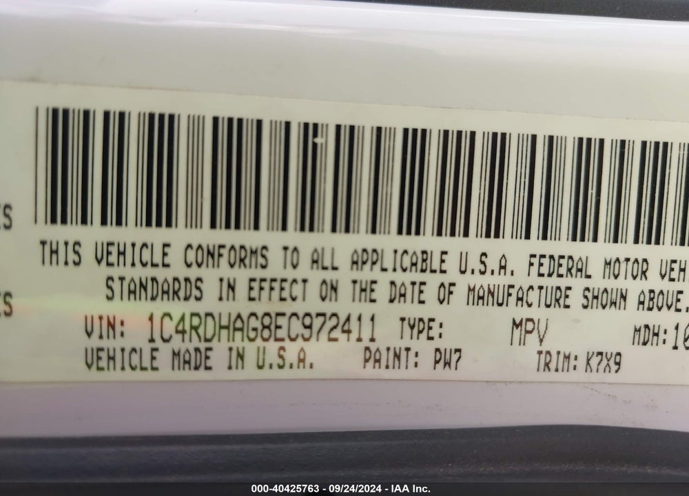 2014 DODGE DURANGO VIN: 1C4RDHAG8EC972411