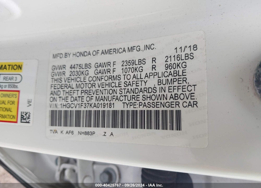 2019 HONDA ACCORD SPORT VIN: 1HGCV1F37KA019181