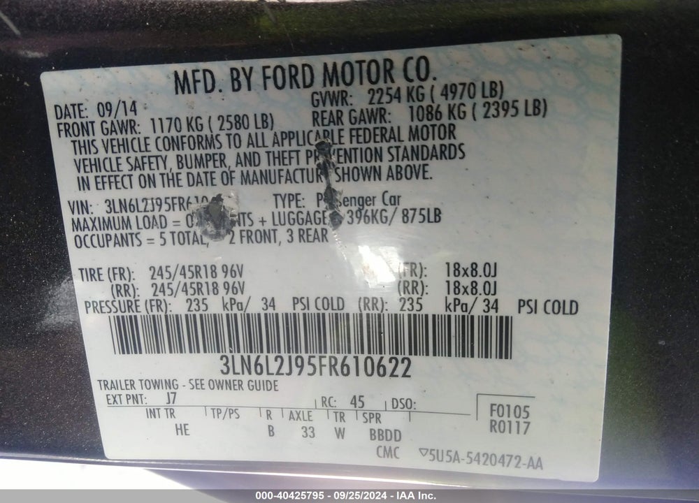2015 LINCOLN MKZ VIN: 3LN6L2J95FR610622