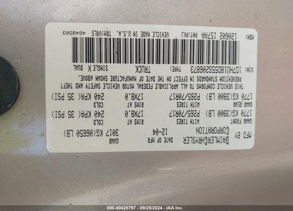 2005 DODGE RAM 1500 SLT/LARAMIE VIN: 1D7HU18D55S206873
