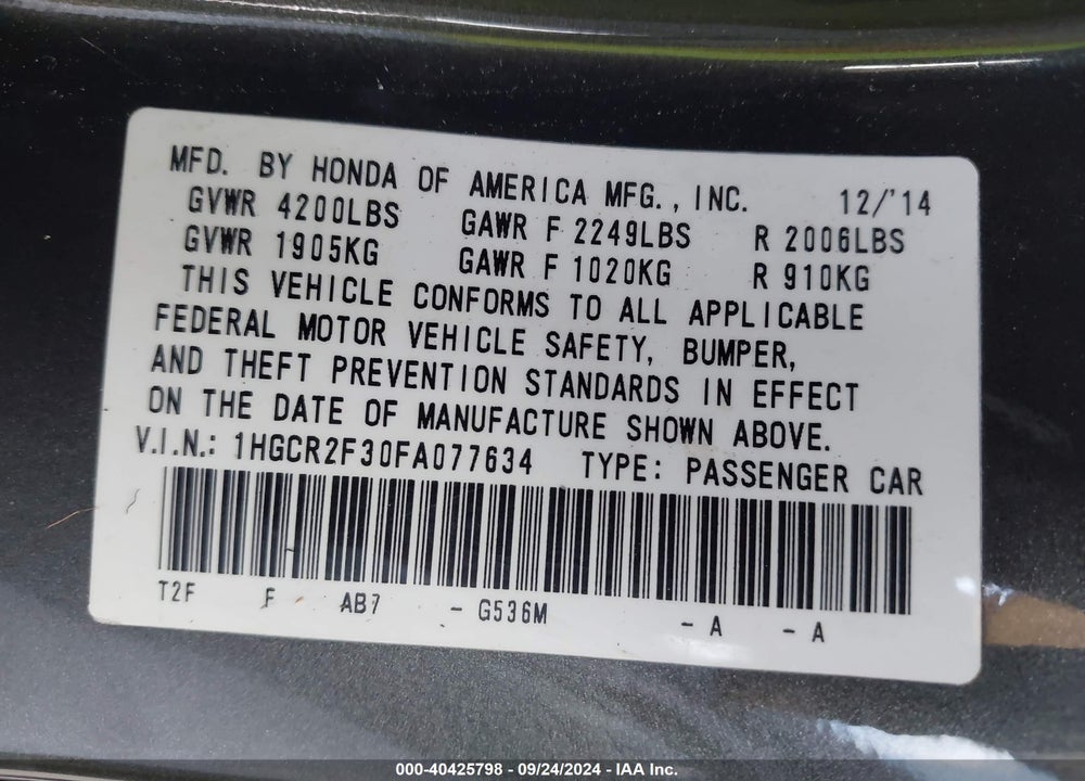 2015 HONDA ACCORD LX VIN: 1HGCR2F30FA077634