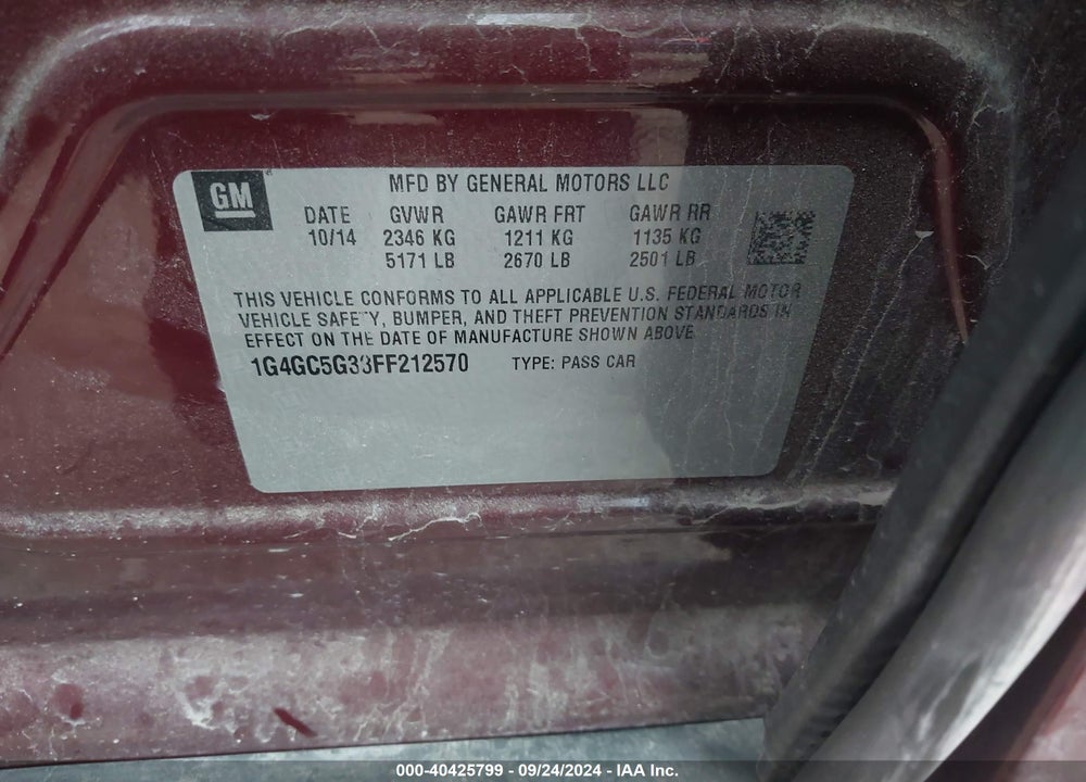 2015 BUICK LACROSSE LEATHER VIN: 1G4GC5G38FF212570