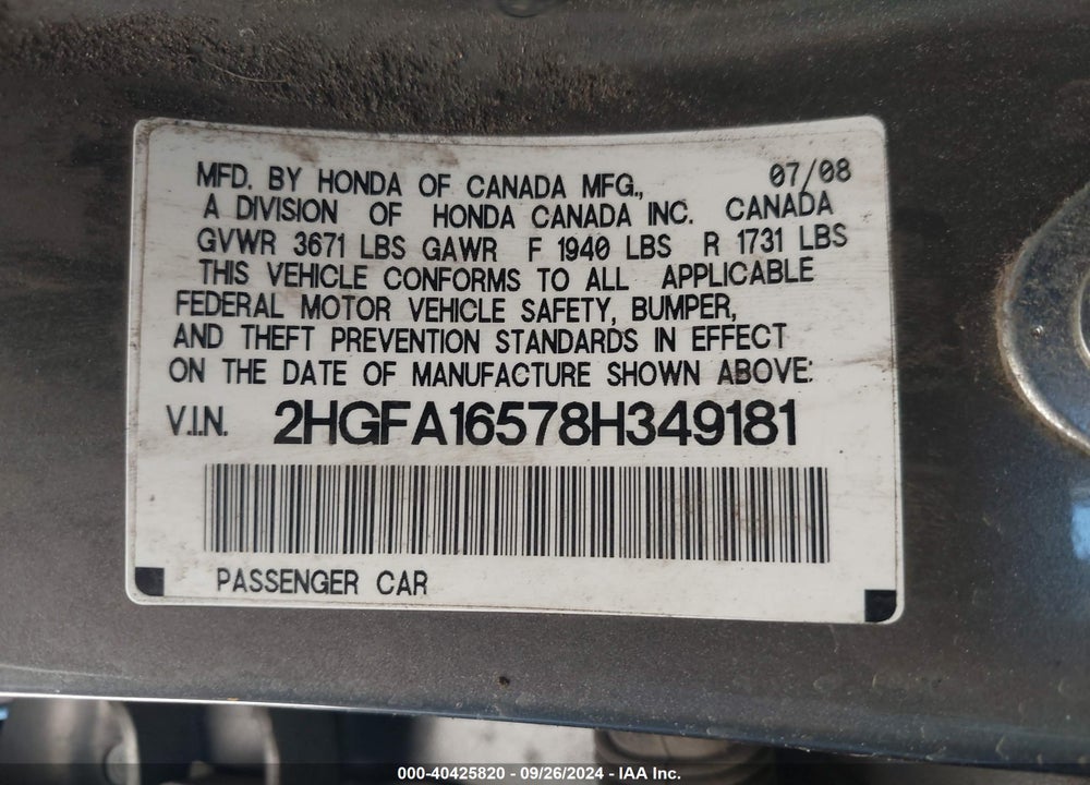 2008 HONDA CIVIC LX VIN: 2HGFA16578H349181