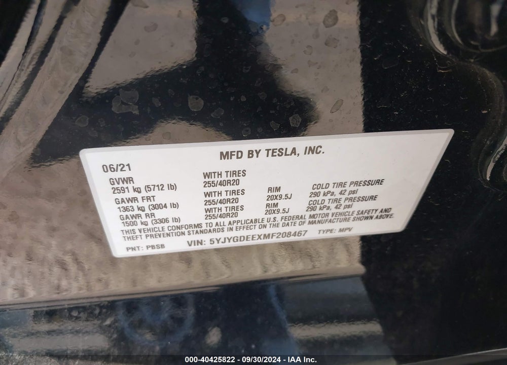 2021 TESLA MODEL Y LONG RANGE DUAL MOTOR ALL-WHEEL DRIVE VIN: 5YJYGDEEXMF208467