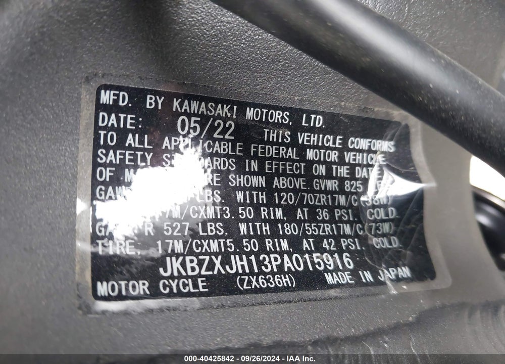 2023 KAWASAKI ZX636 K VIN: JKBZXJH13PA015916