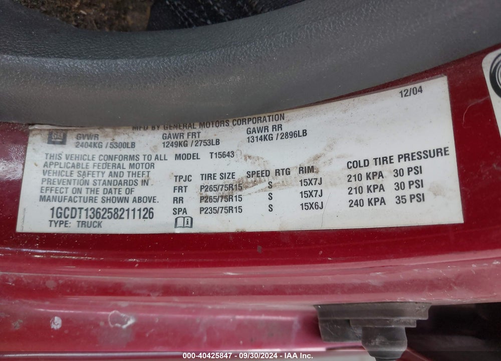 2005 CHEVROLET COLORADO LS VIN: 1GCDT136258211126