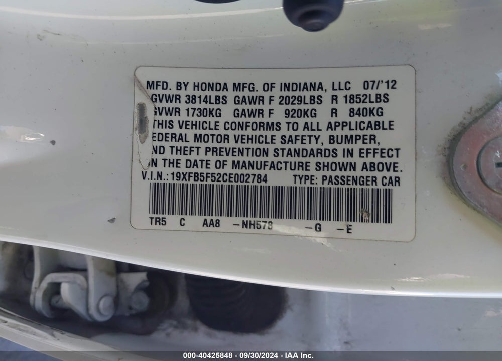 2012 HONDA CIVIC NATURAL GAS VIN: 19XFB5F52CE002784