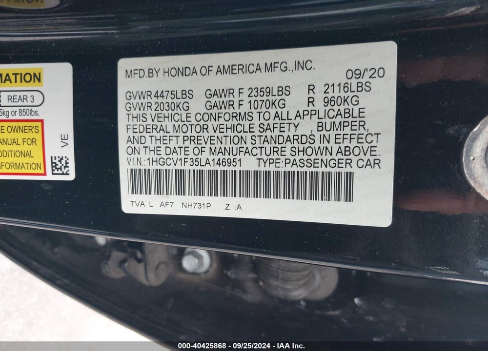 2020 HONDA ACCORD SPORT VIN: 1HGCV1F35LA146951