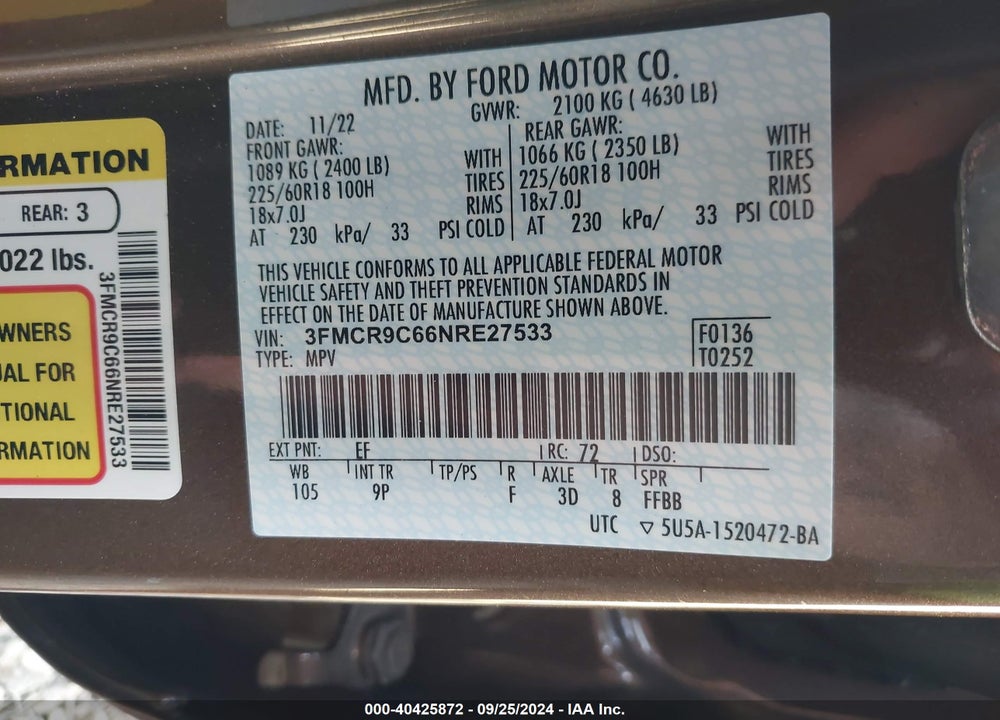 2022 FORD BRONCO SPORT OUTER BANKS VIN: 3FMCR9C66NRE27533