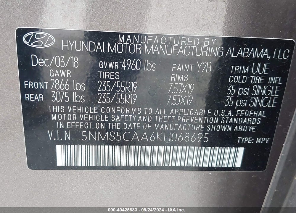 2019 HYUNDAI SANTA FE ULTIMATE 2.0T VIN: 5NMS5CAA6KH068695