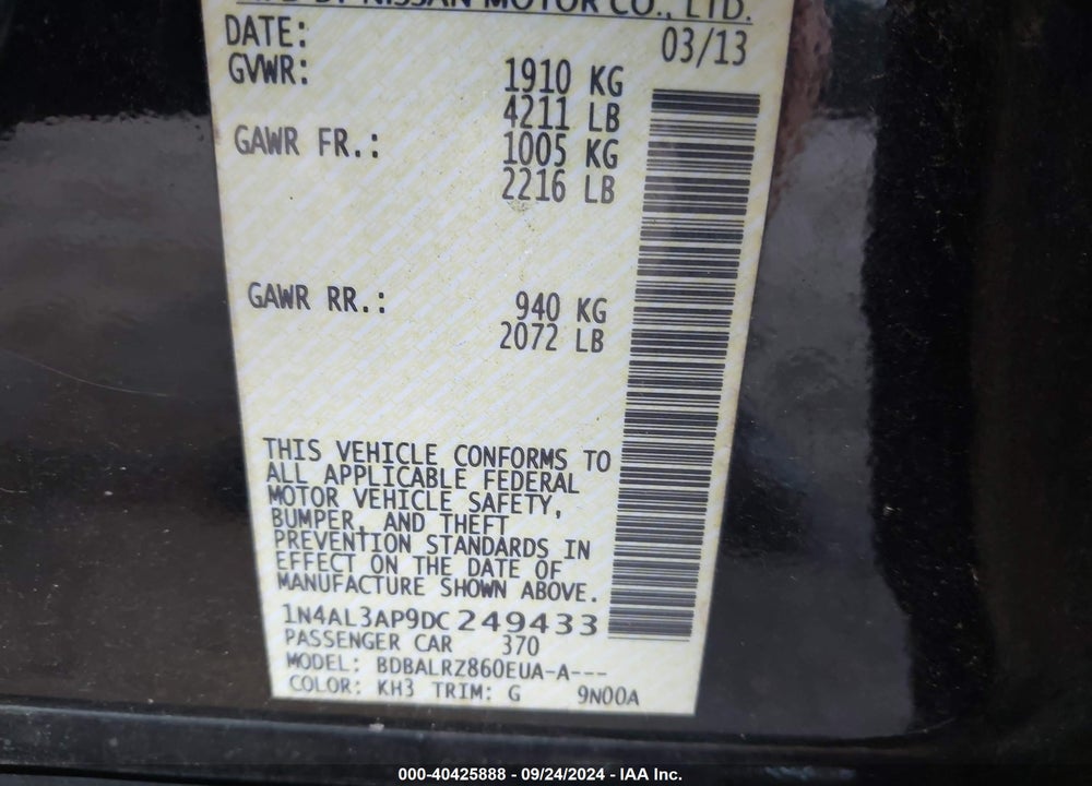 2013 NISSAN ALTIMA 2.5 S VIN: 1N4AL3AP9DC249433