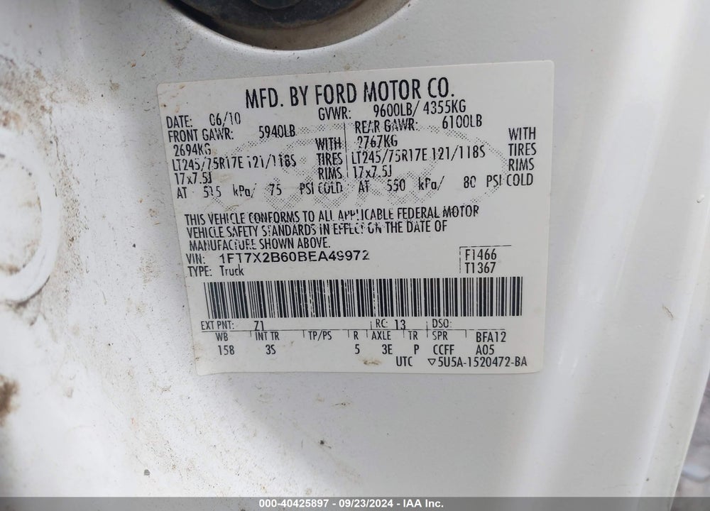 2011 FORD F-250 XLT VIN: 1FT7X2B60BEA49972