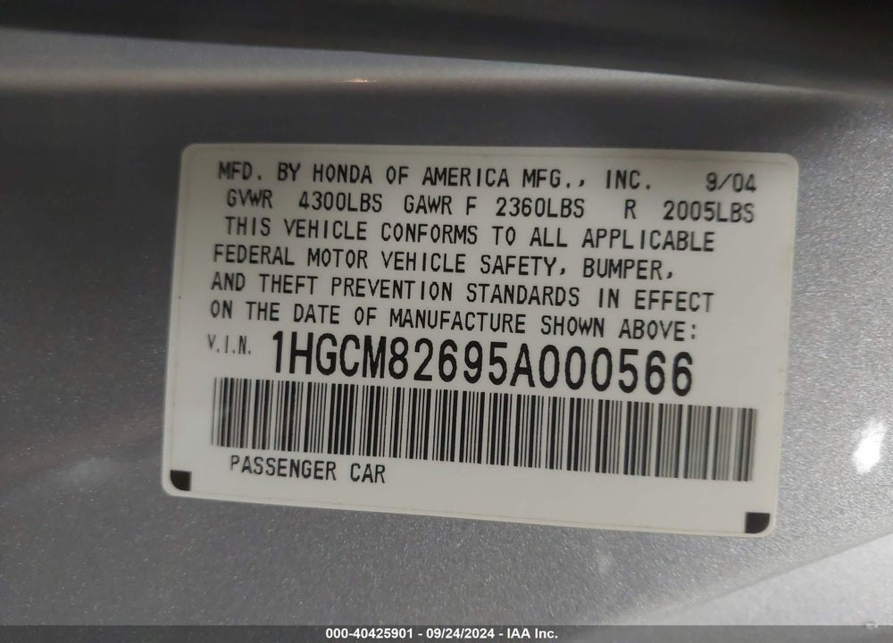 2005 HONDA ACCORD VIN: 1HGCM82695A000566