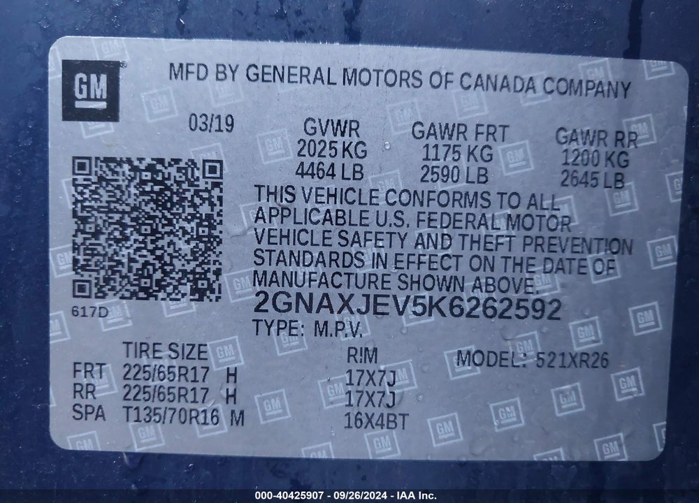 2019 CHEVROLET EQUINOX VIN: 2GNAXJEV5K6262592
