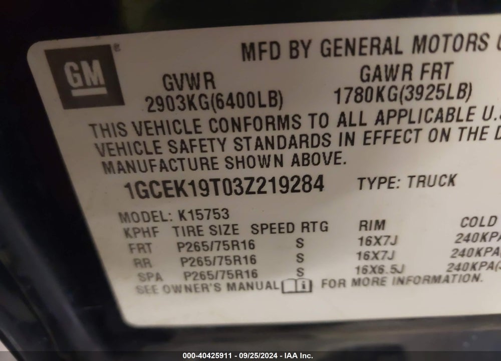 2003 CHEVROLET SILVERADO 1500 LS VIN: 1GCEK19T03Z219284