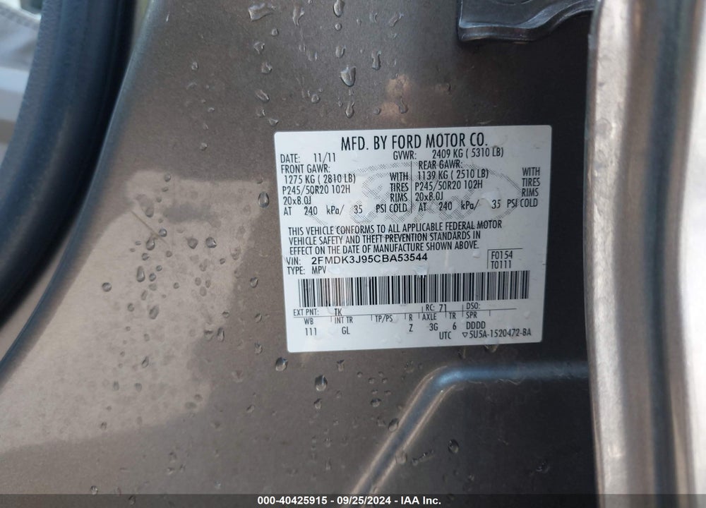 2012 FORD EDGE SEL VIN: 2FMDK3J95CBA53544