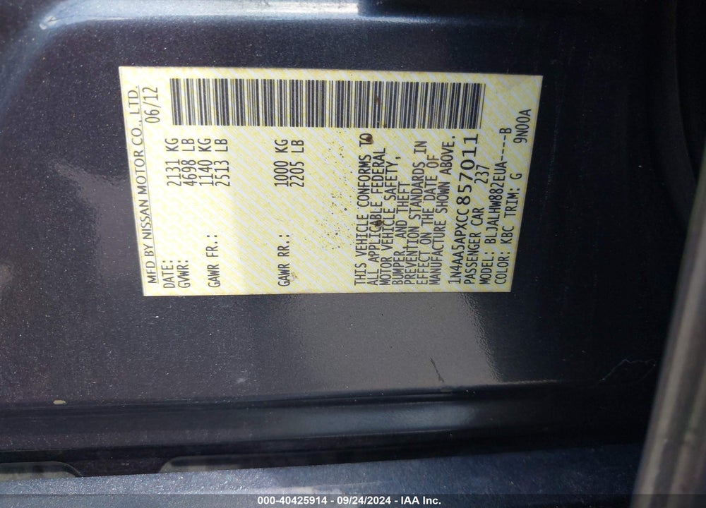 2012 NISSAN MAXIMA 3.5 SV VIN: 1N4AA5APXCC857011
