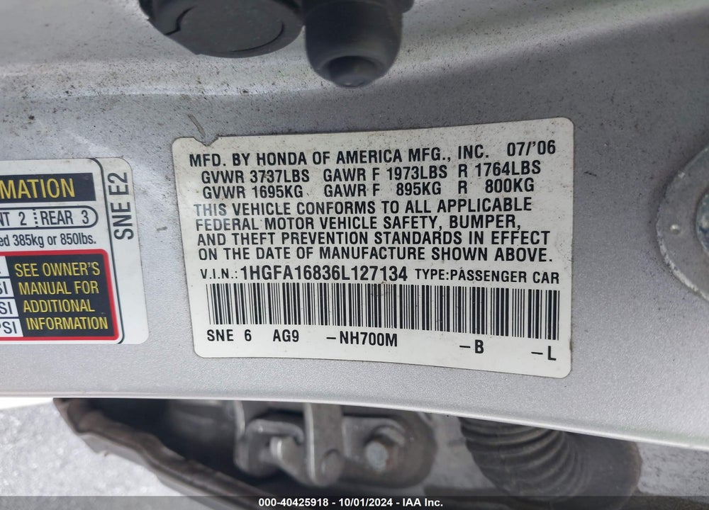 2006 HONDA CIVIC EX VIN: 1HGFA16836L127134