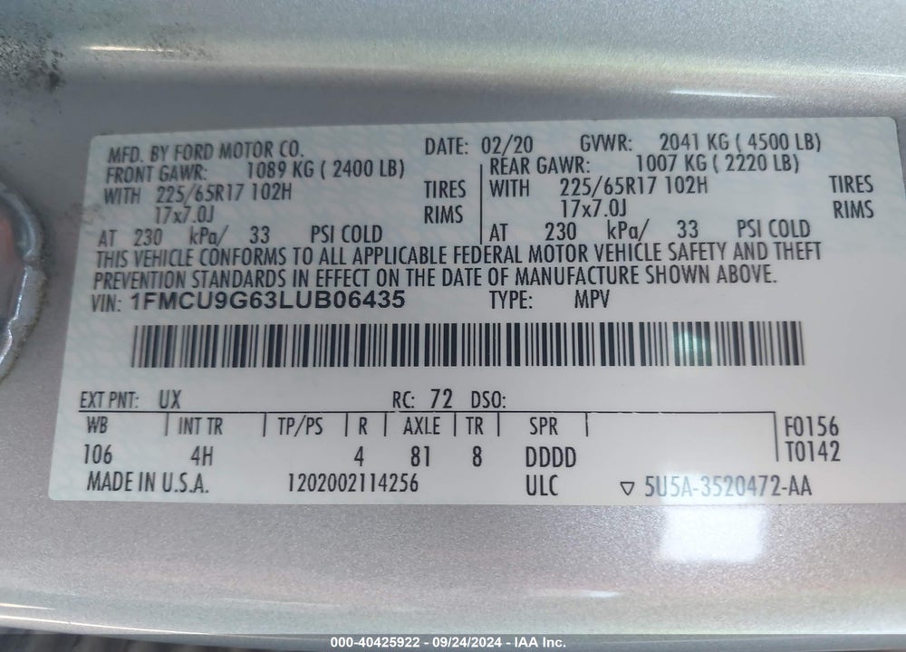 2020 FORD ESCAPE SE VIN: 1FMCU9G63LUB06435