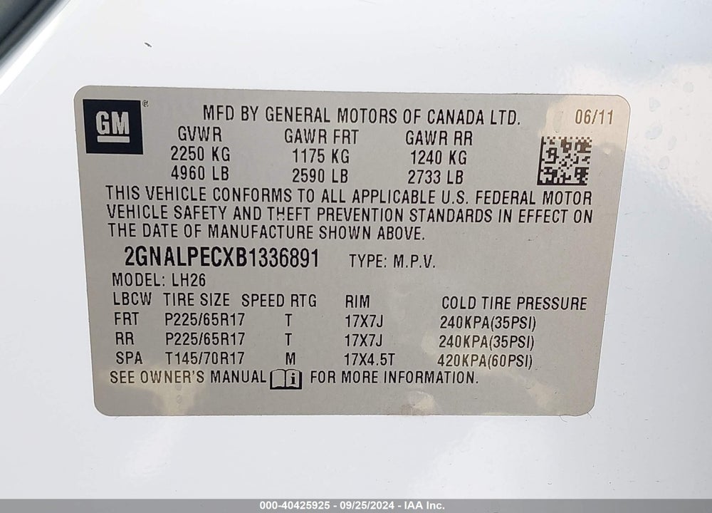 2011 CHEVROLET EQUINOX 2LT VIN: 2GNALPECXB1336891