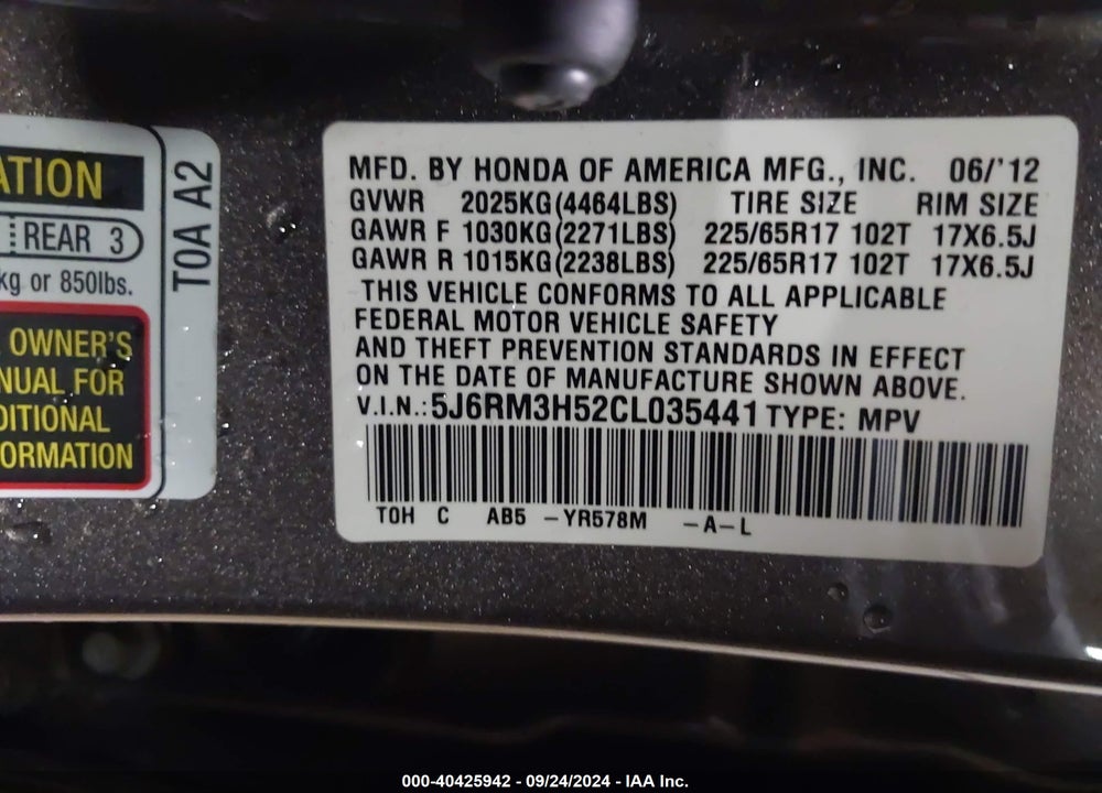2012 HONDA CR-V EX VIN: 5J6RM3H52CL035441
